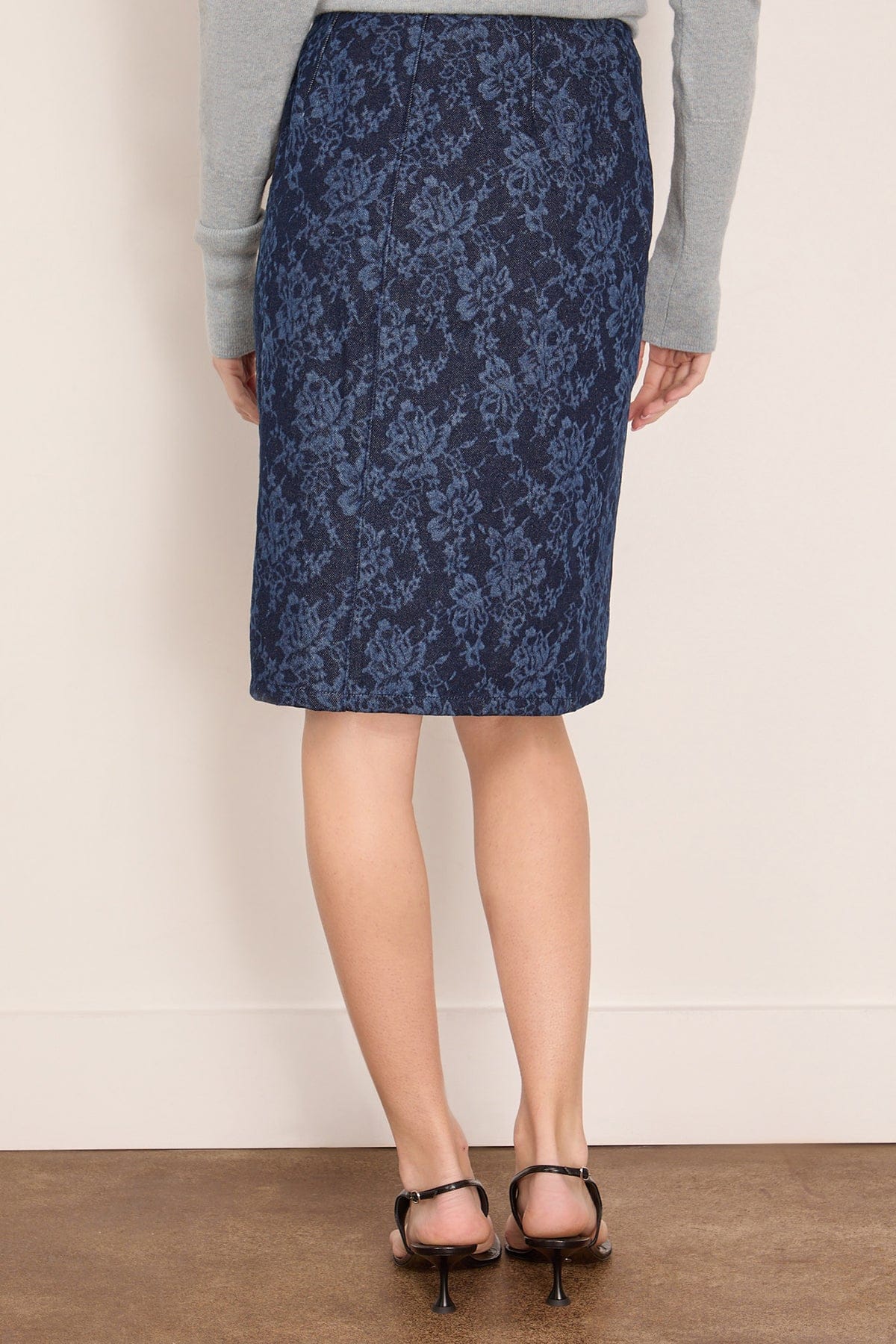 Lace Print Denim Skirt in Washed Dark Blue - Image 4