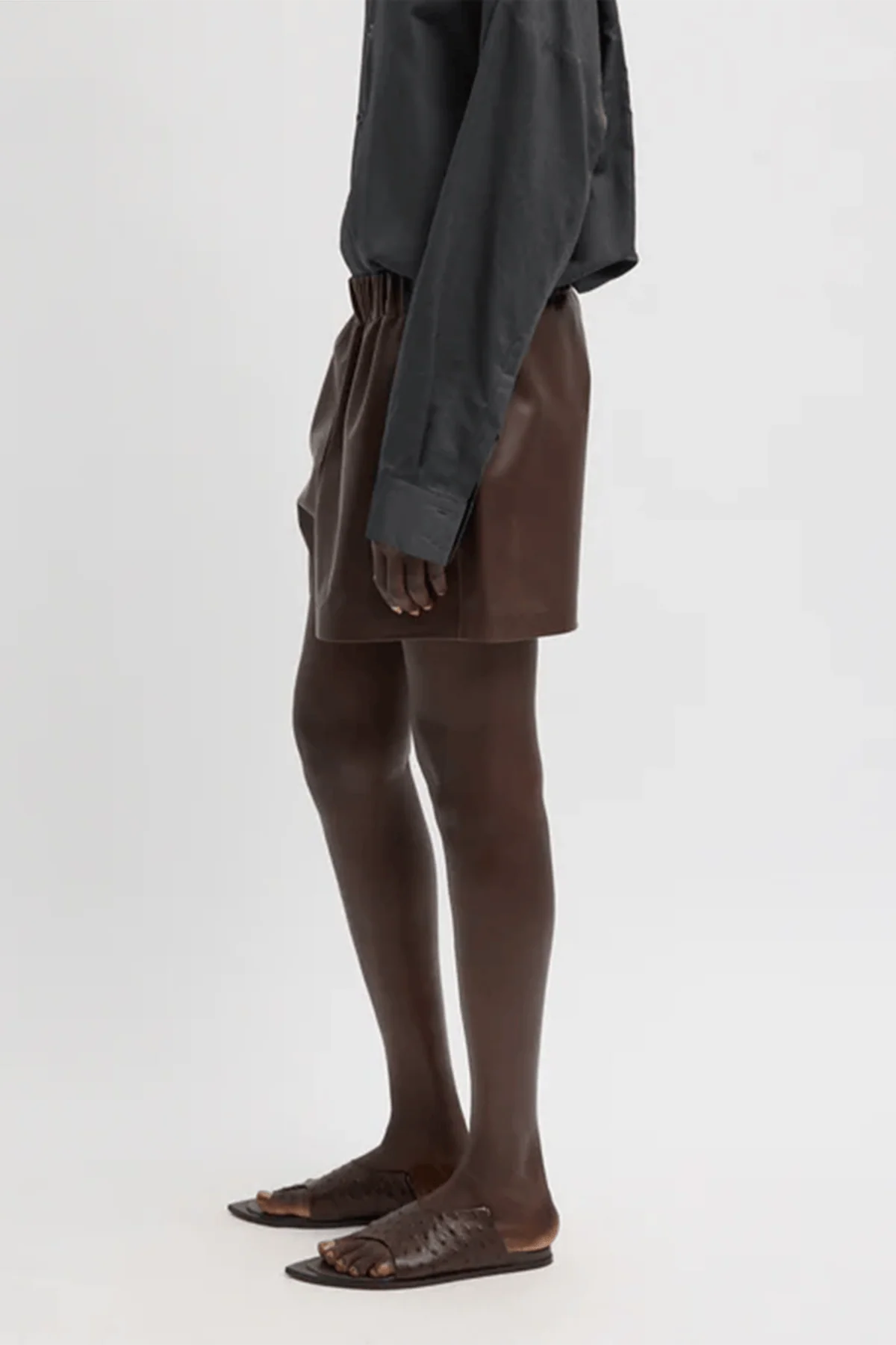 Leather Pull On Shorts in Brown - Image 3