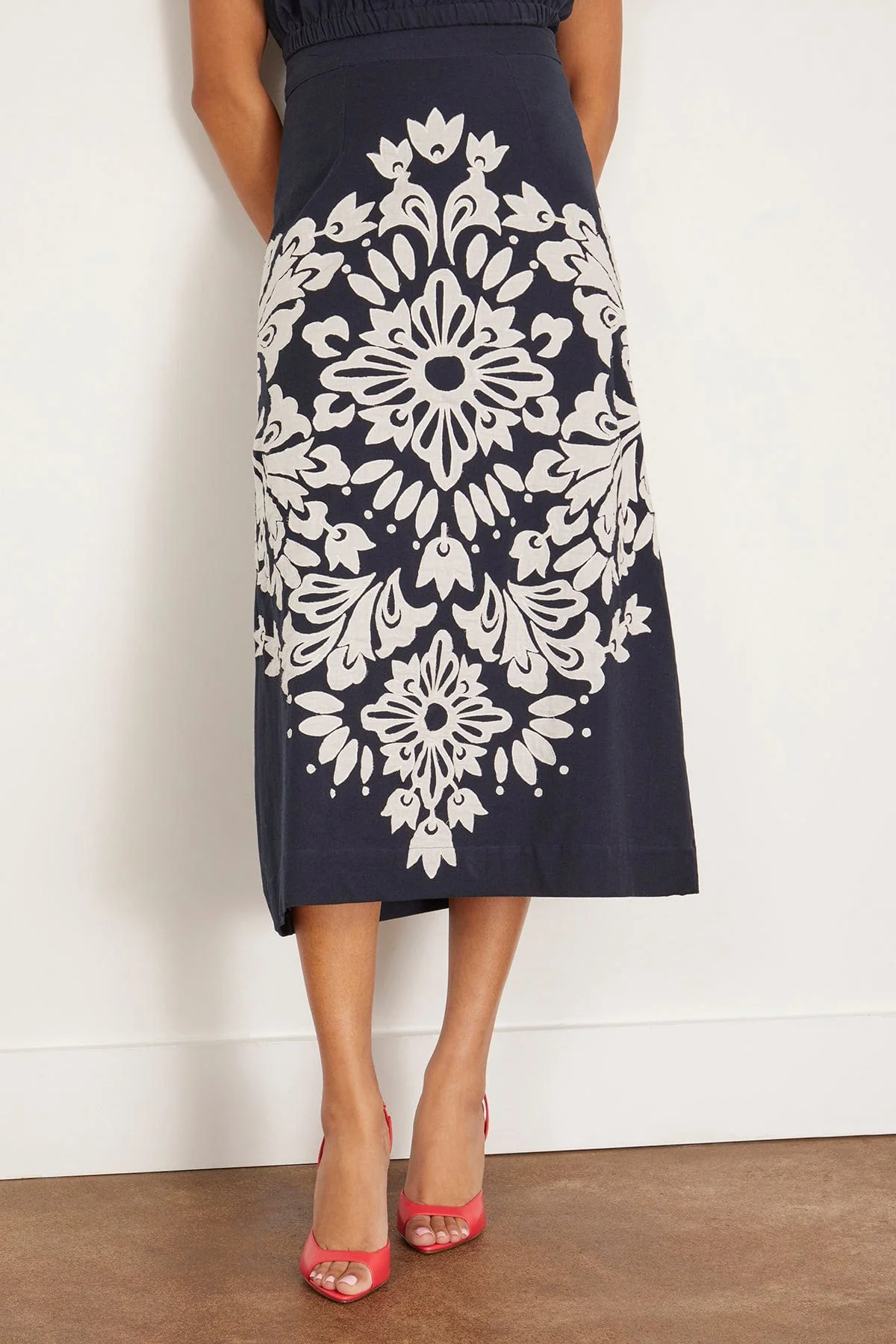 Liliana Applique Midi Skirt in Navy - Image 3