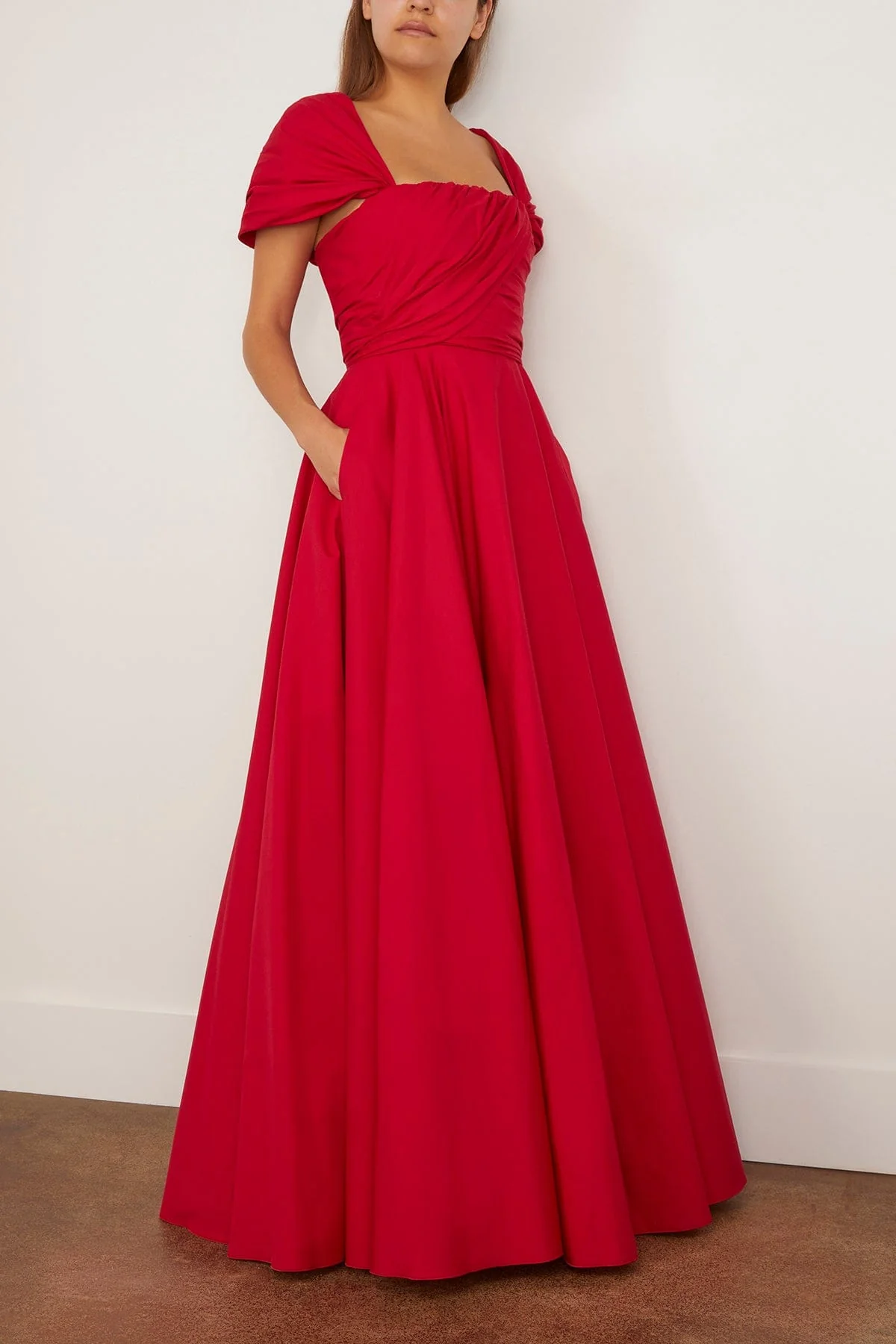 Long Corsage Poplin Dress in Red - Image 2
