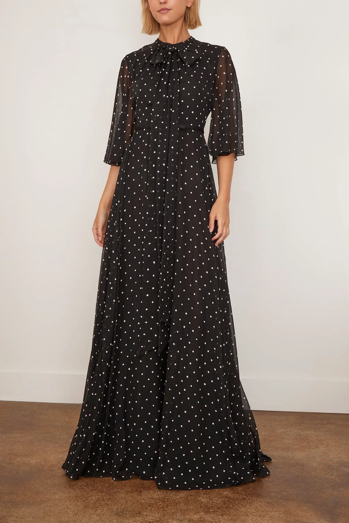Long Silk White Polka Dots Dress in Black - Image 2