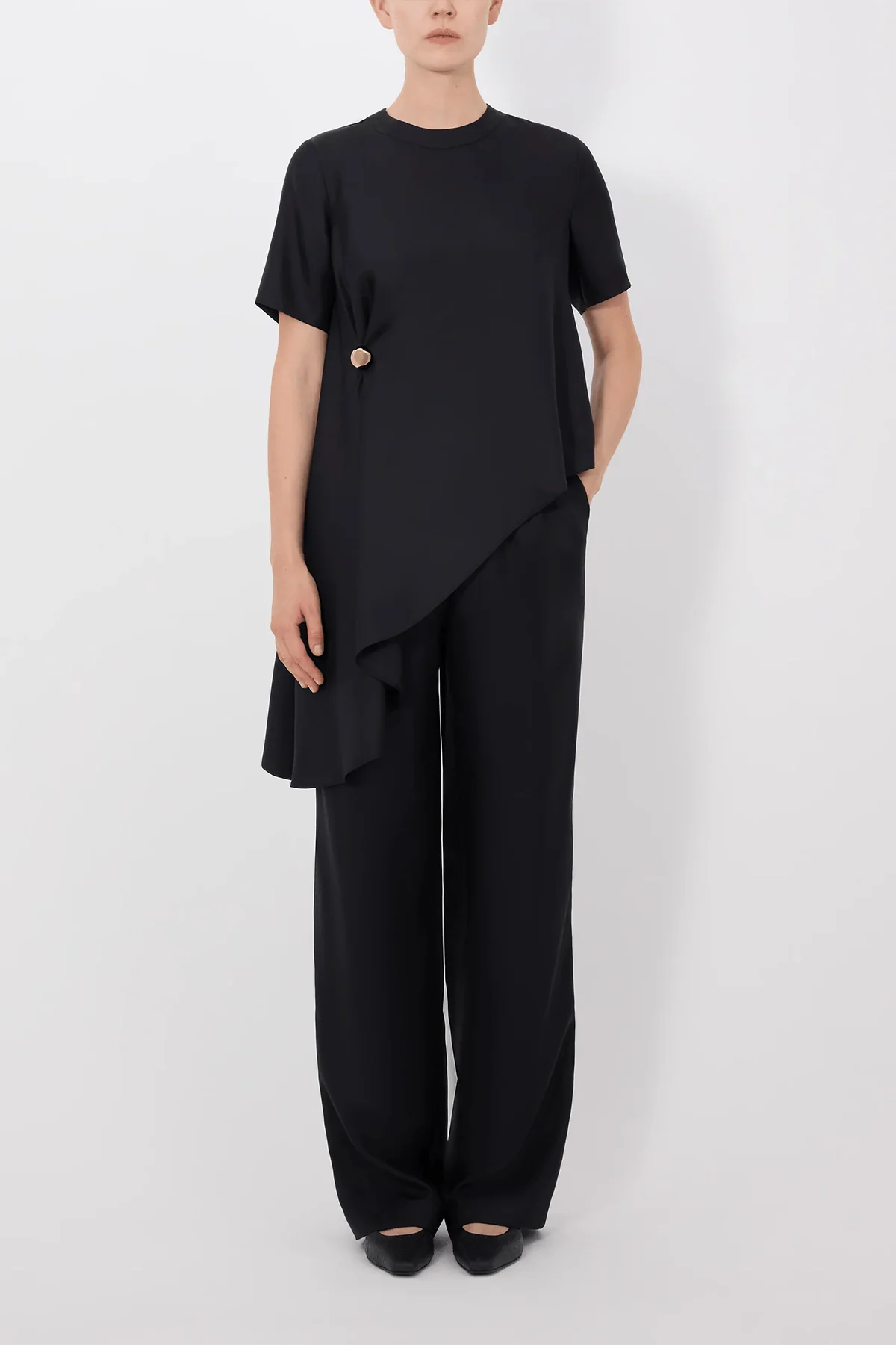 Madea Draped Asymmetric Top in Black - Image 2