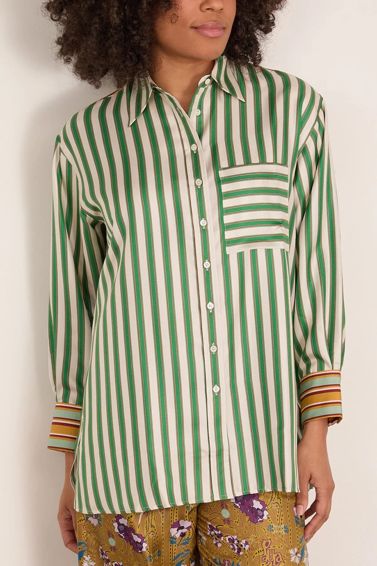Marie Silk Twill Shirt in Green Stripes - Image 3
