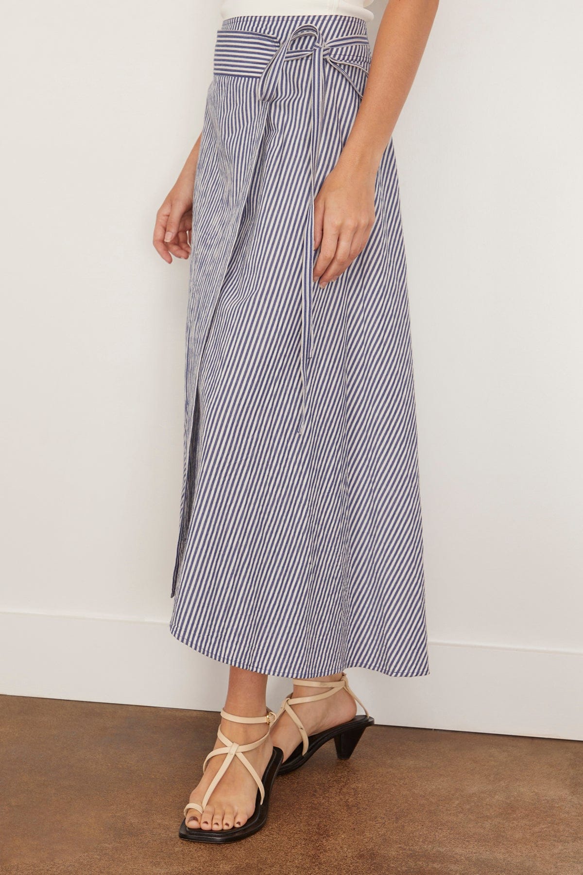 Marsala Asymmetrical Skirt in Skinny Stripes Indigo and Cream - Image 3
