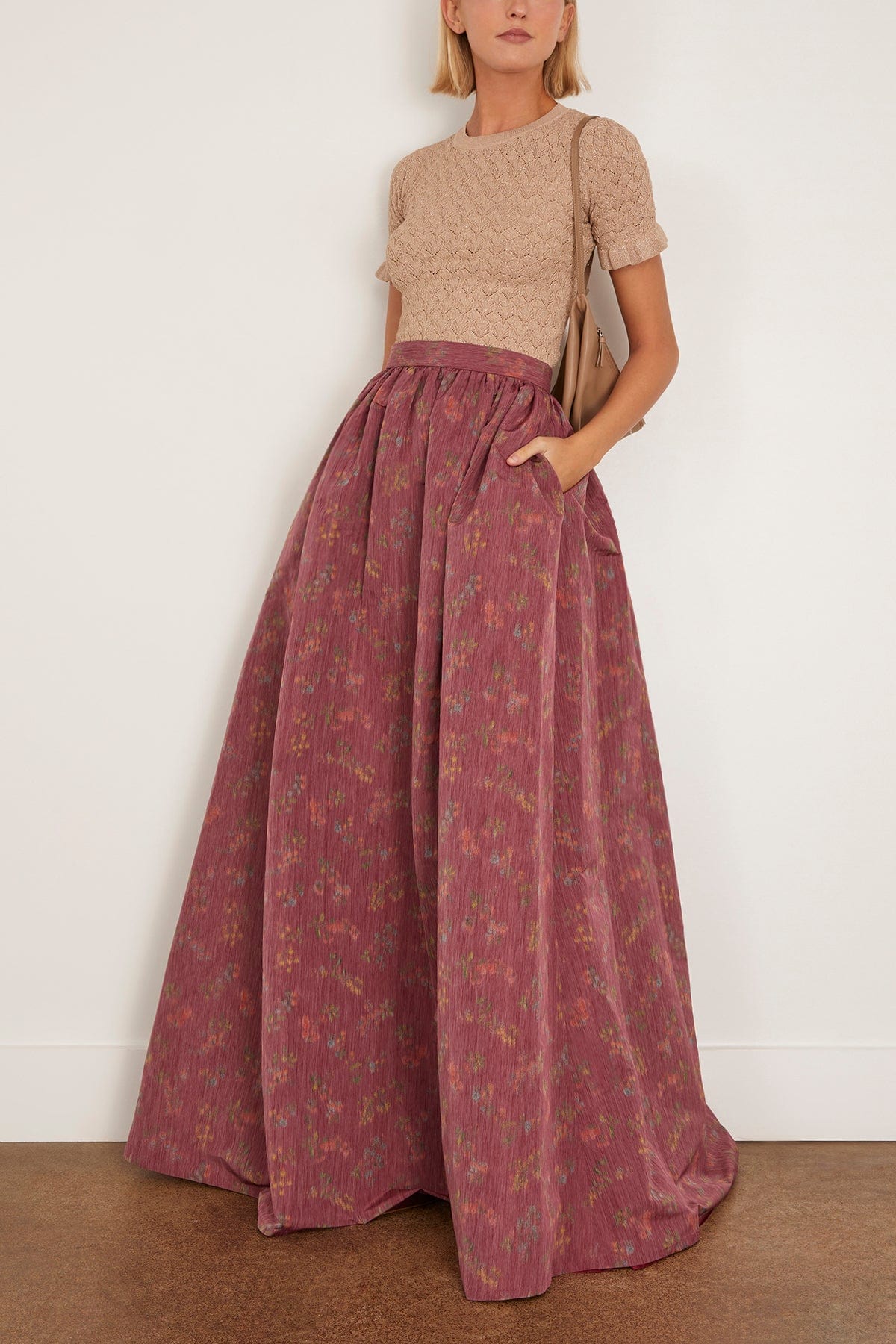 Morgaine Gown Length Full Skirt in Raspberry Floral Ikat - Image 2