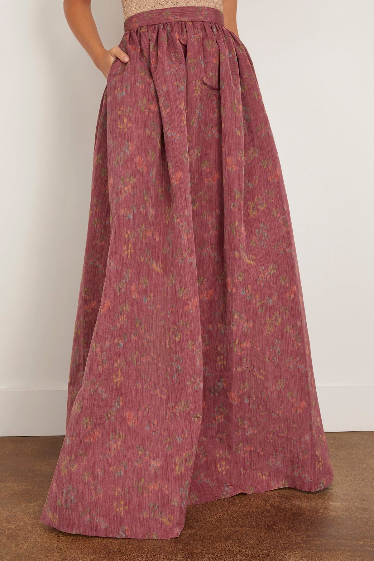 Morgaine Gown Length Full Skirt in Raspberry Floral Ikat - Image 3
