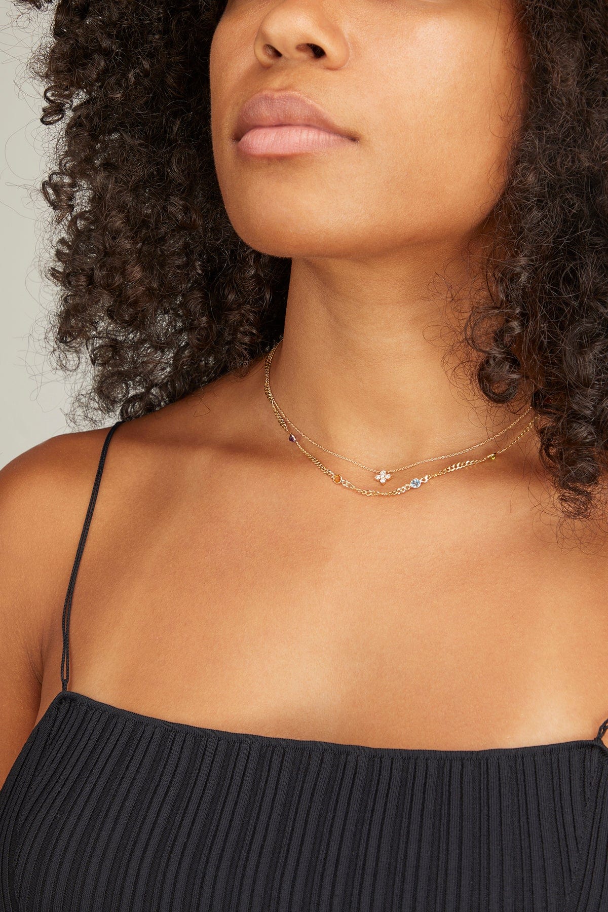 Multi Gem Bezel Curb Link Necklace in 14k Yellow Gold - Image 2