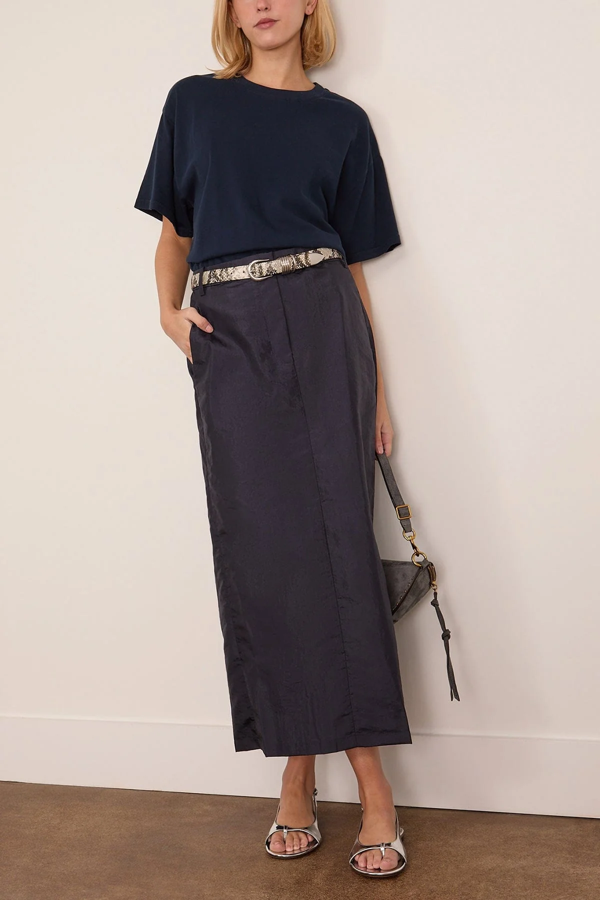 Nylon Maxi Skirt in Navy - Image 2