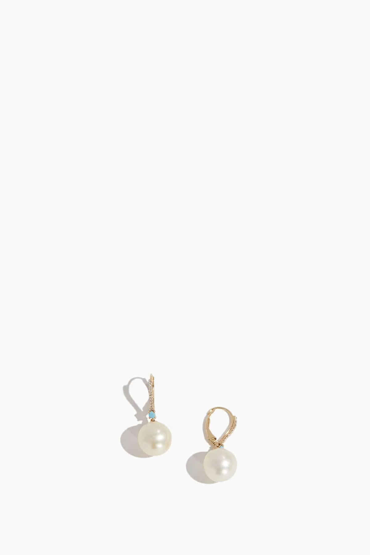 Pearl and Turquoise Drop Huggies in 14k Yellow Gold