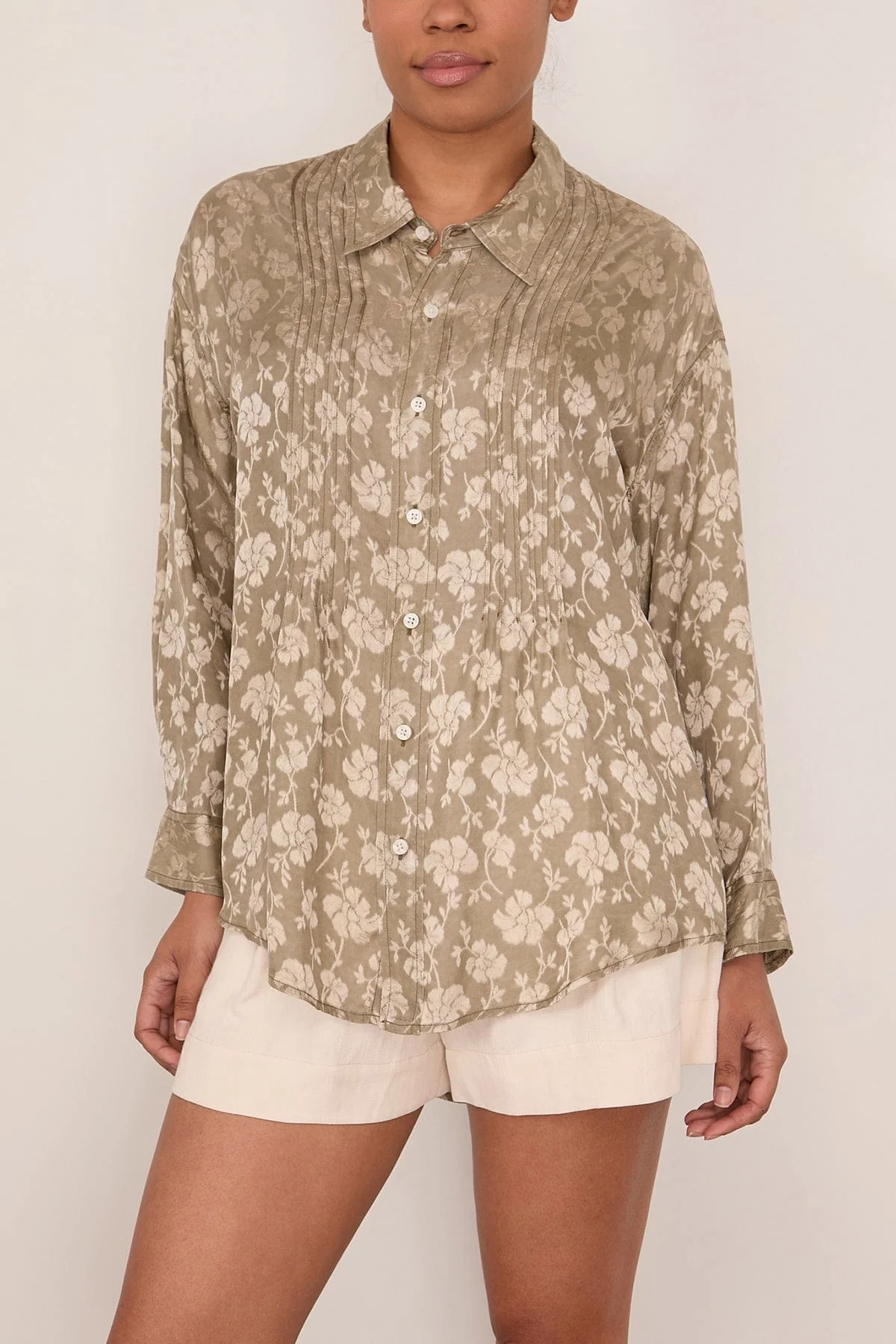 Pintuck Drop Neck Shirt in Olive Floral - Image 3