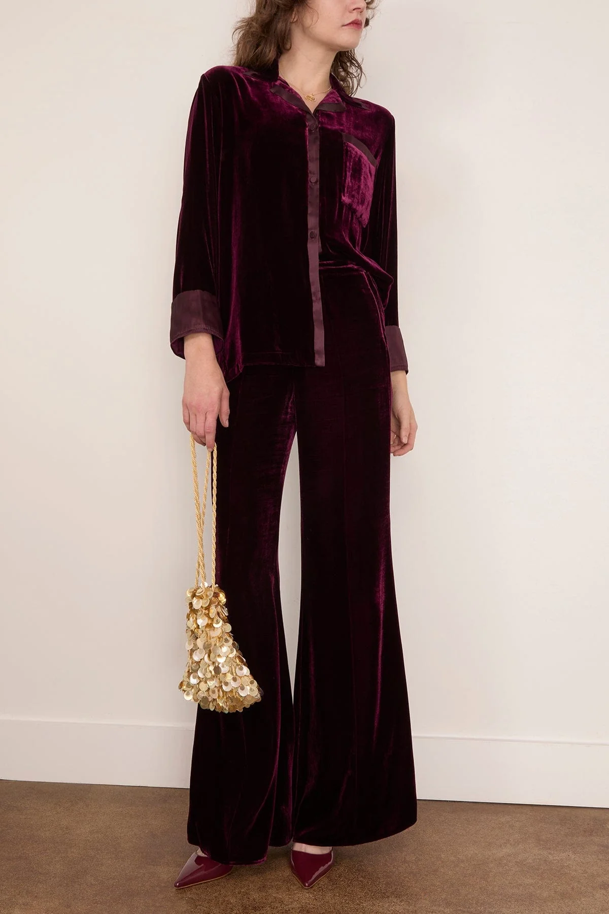 Plain Velvet Flare Pants in Bordeaux - Image 2