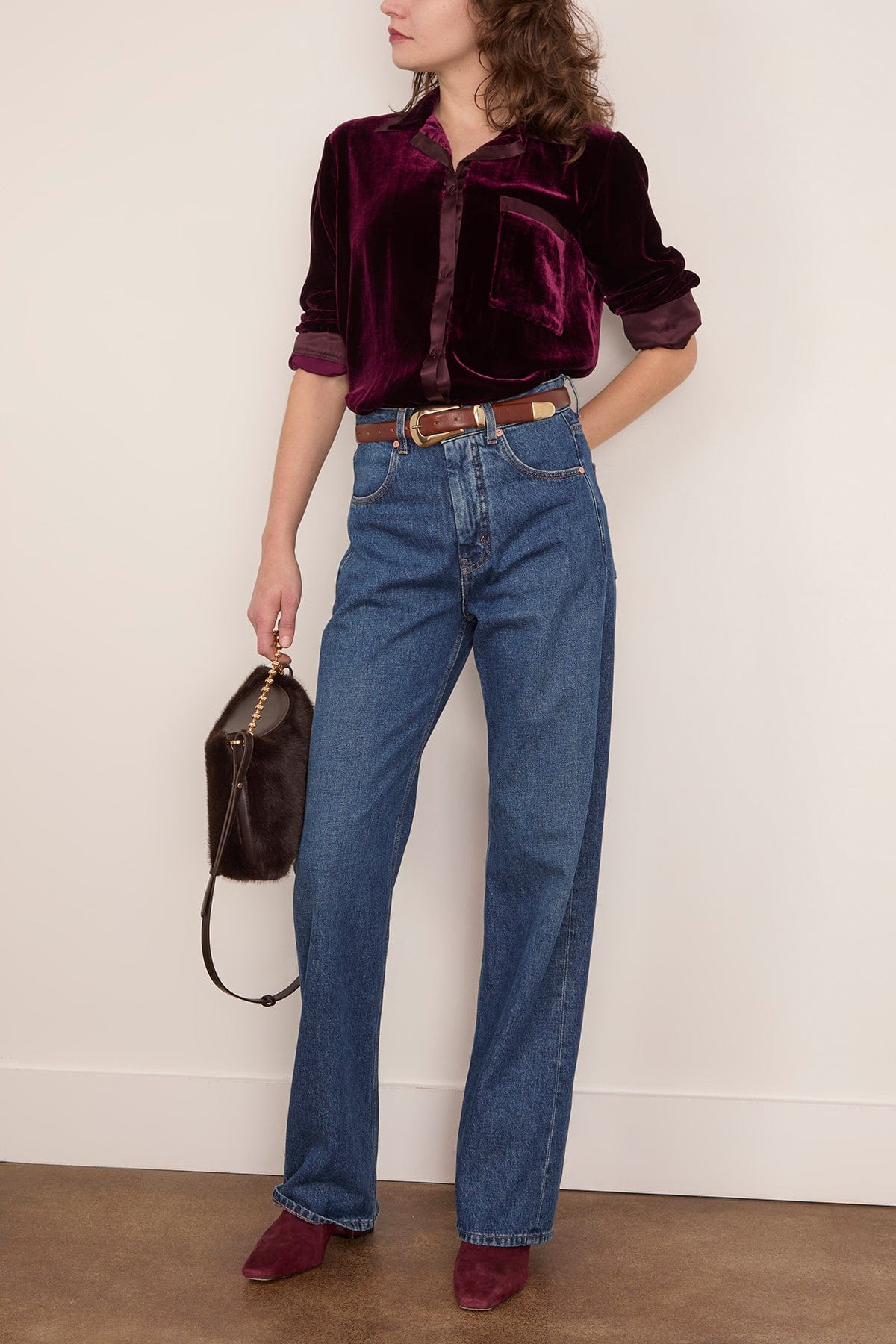 Plain Velvet Pajama Shirt in Bordeaux - Image 2