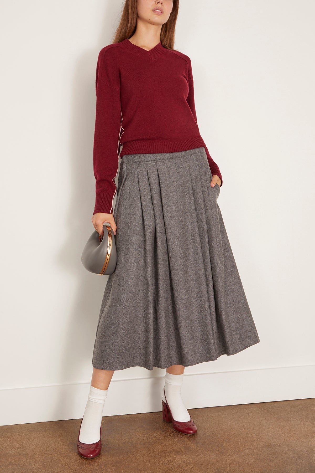Pleat Front Full Skirt in Charcoal Tweed - Image 2