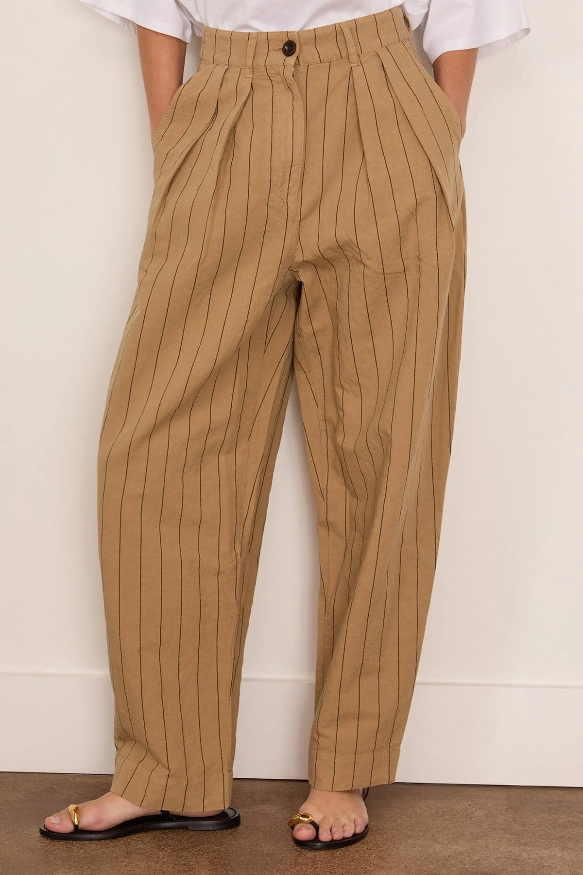 Pleat Front Stripe Cotton Linen Trousers in Fennel Seed - Image 3