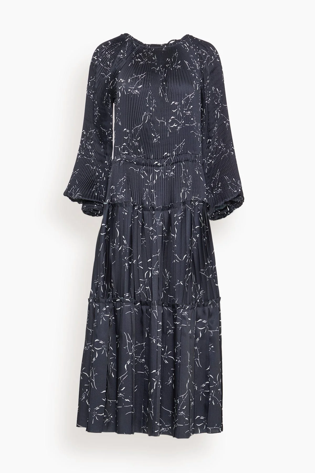 Pleated Dress in White Flower / Blue Base