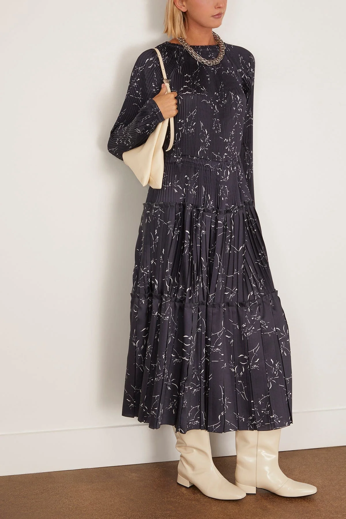 Pleated Dress in White Flower / Blue Base - Image 2