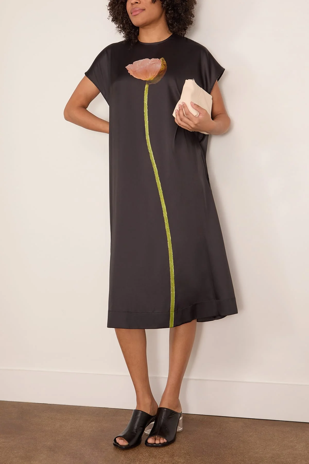 Poppy Motif Smock Dress in Black - Image 2