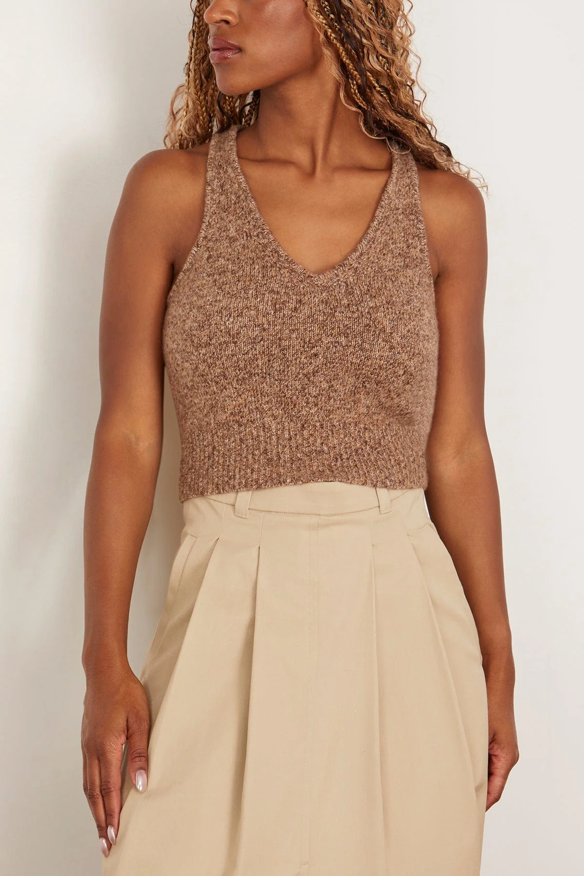 Reese V-Neck Knit Tank in Marled Brown - Image 3