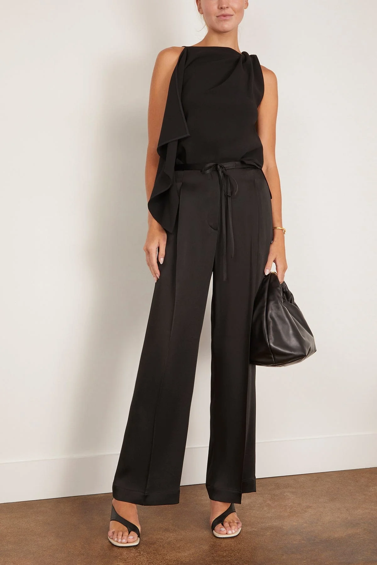Relaxed Drawstring Satin Trousers in Black - Image 2