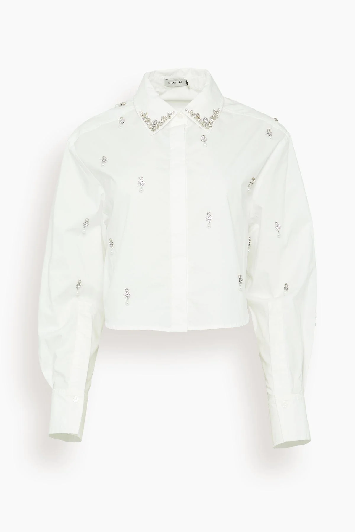 Renata Embellished Cropped Button Down Shirt in White