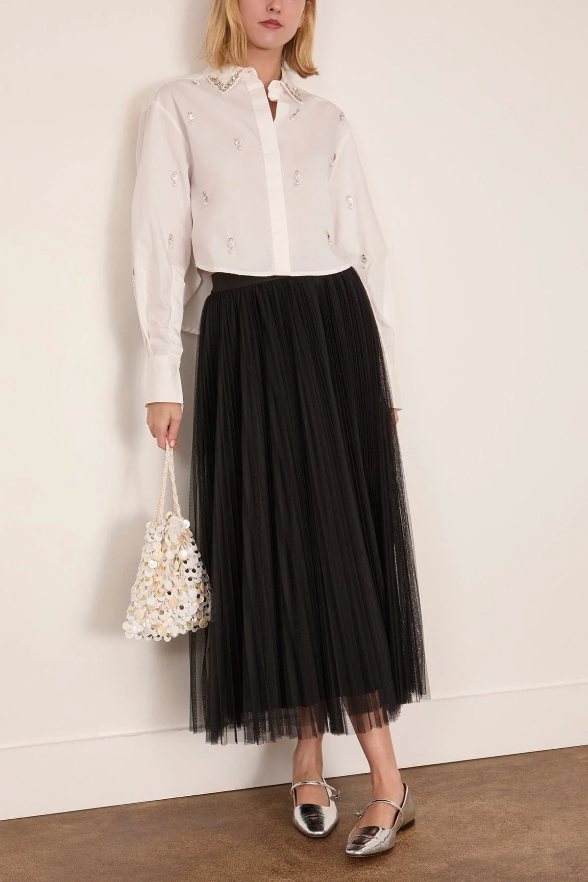 Renata Embellished Cropped Button Down Shirt in White - Image 2