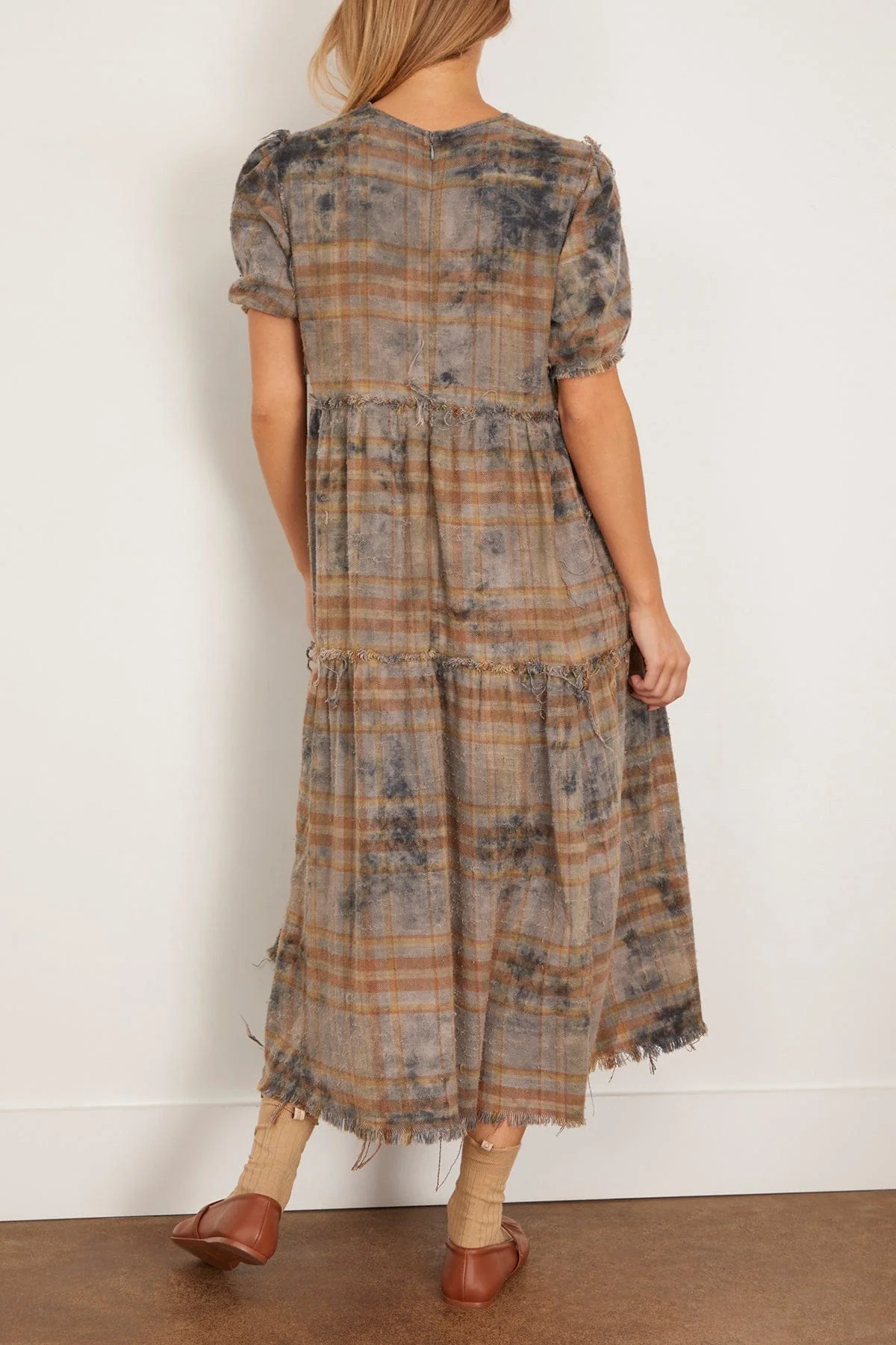 Shredded Relaxed Midi Dress in Overdyed Light Blue Plaid - Image 4