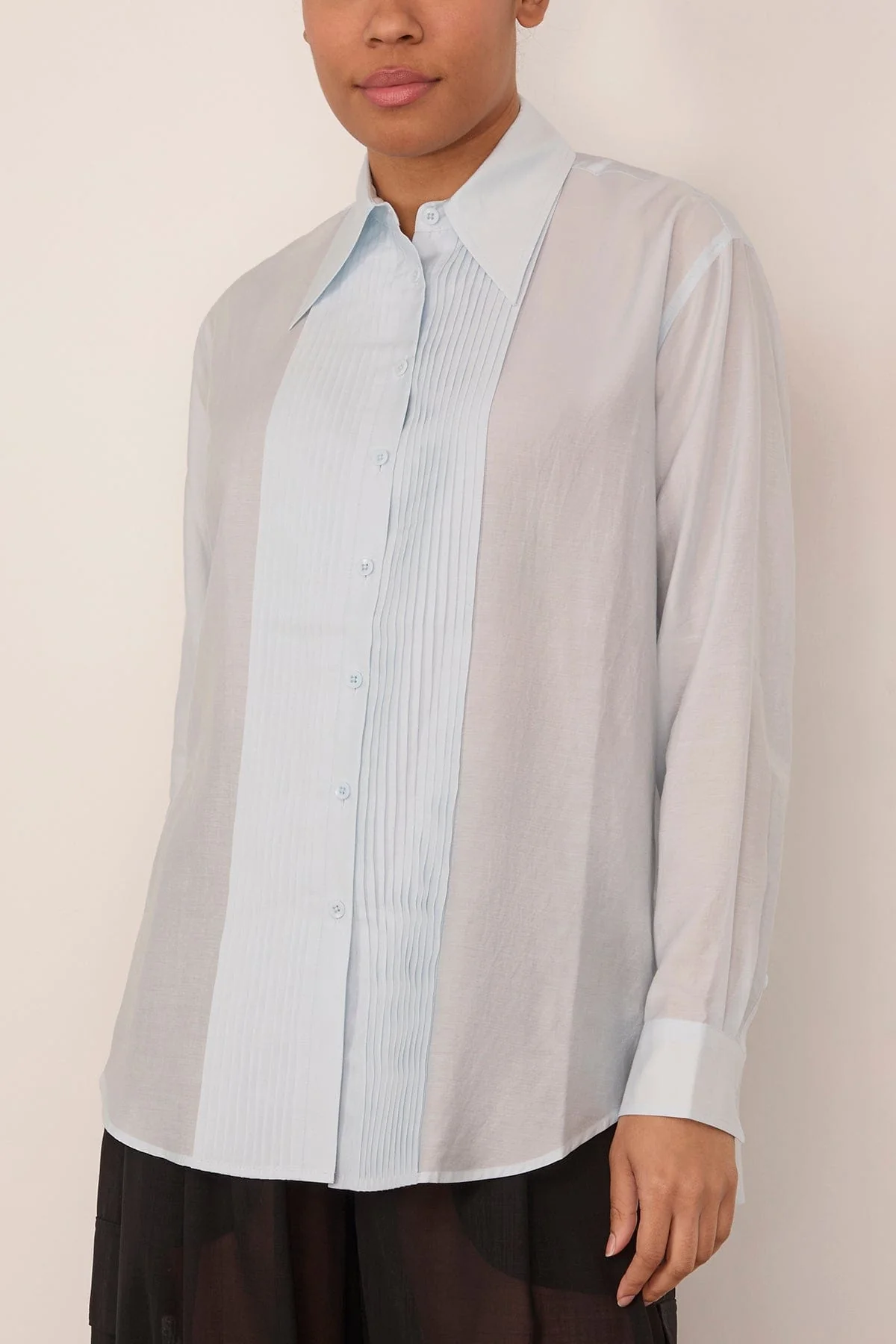 Silk Voile Easy Pintucked Shirt in Ice Blue - Image 3