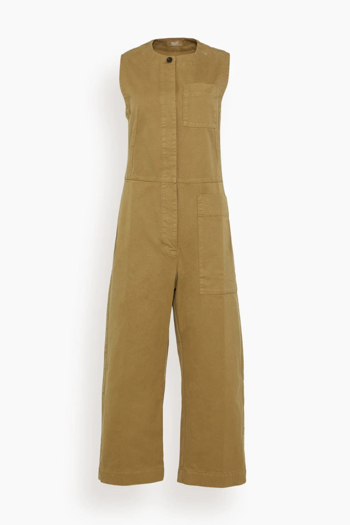 Sleeveless Cotton Twill Jumpsuit in Olive Leaf