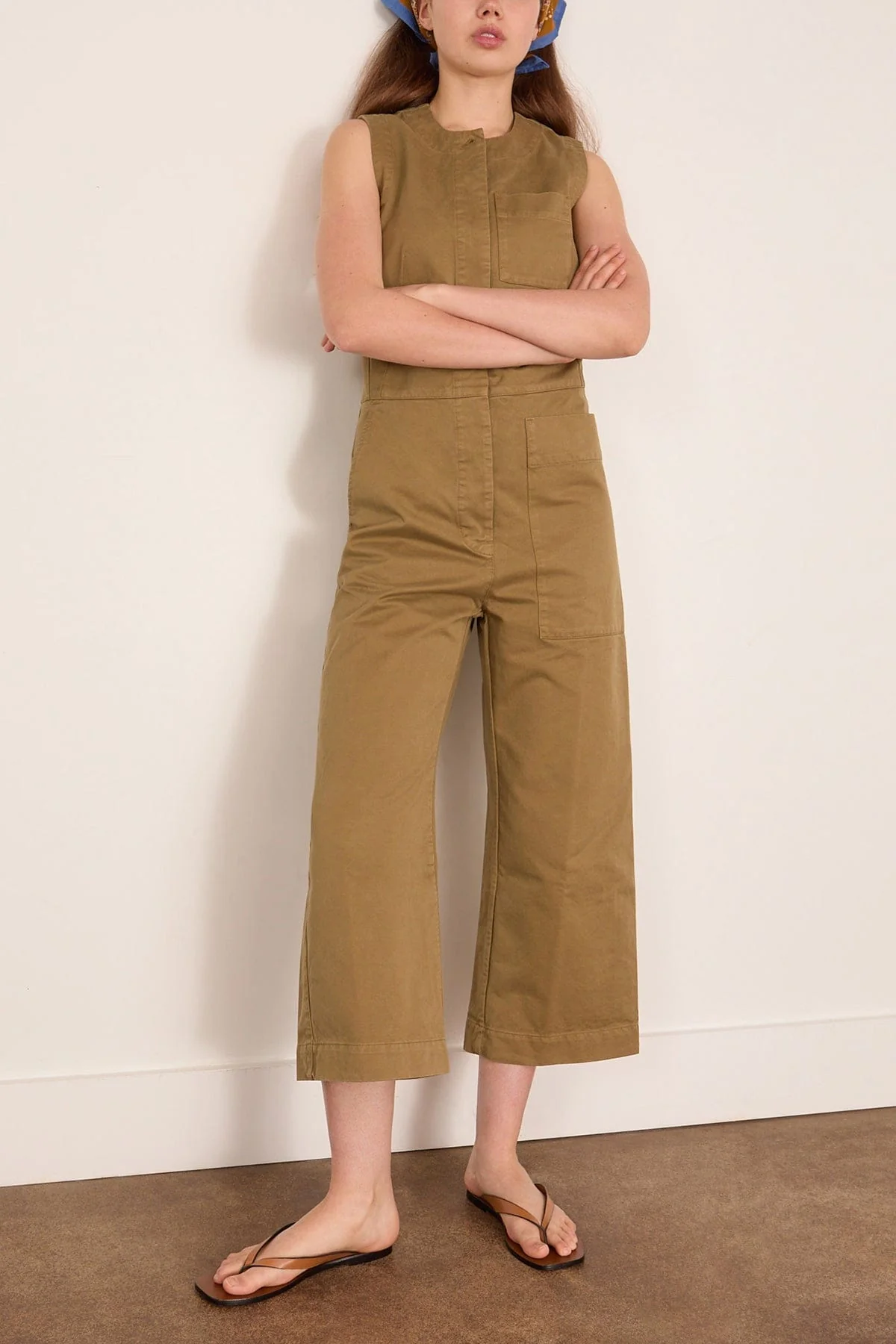 Sleeveless Cotton Twill Jumpsuit in Olive Leaf - Image 3