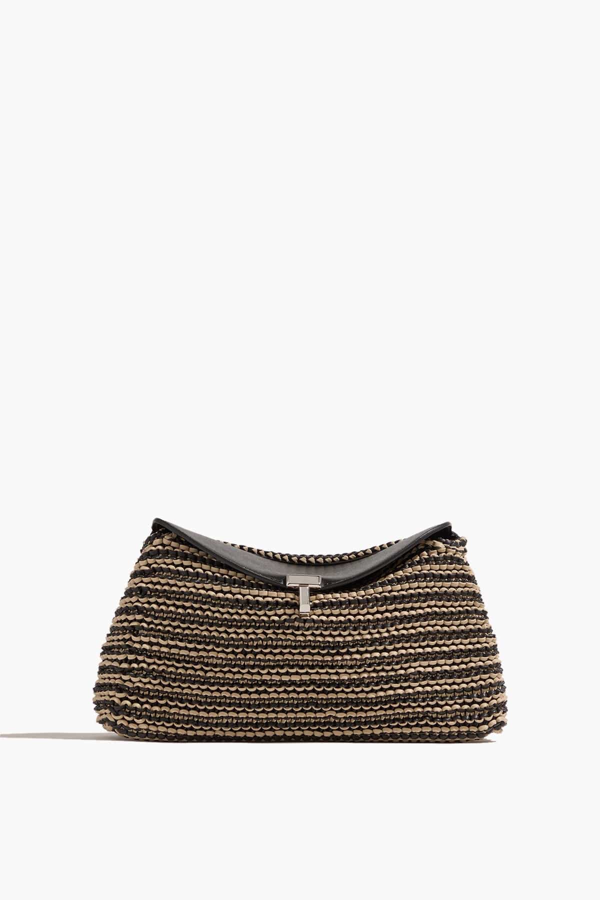 T-Lock Woven-Leather Clutch in Black/Sand
