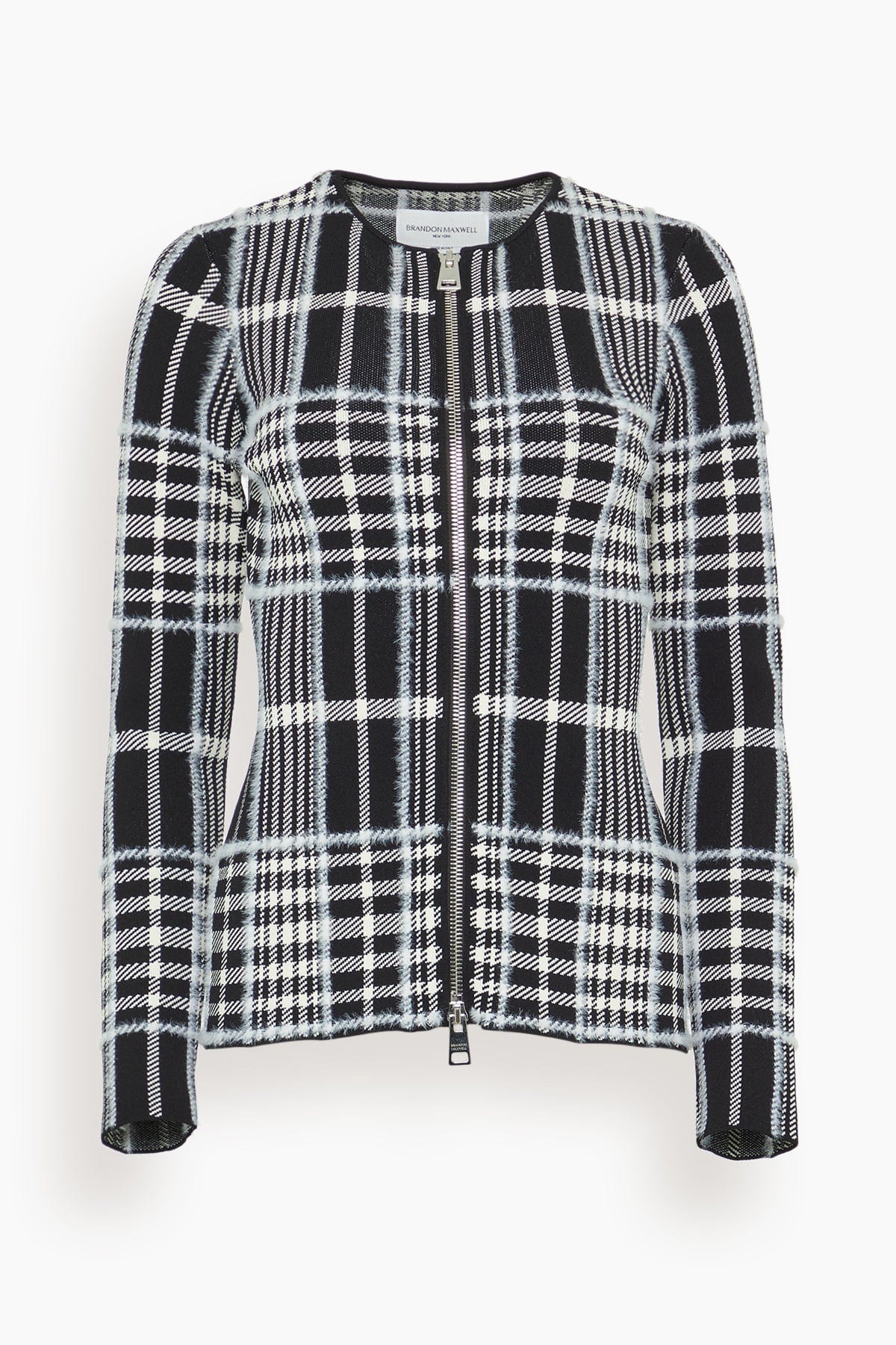 The Greer Zip Front Knit Cardigan in Black Plaid