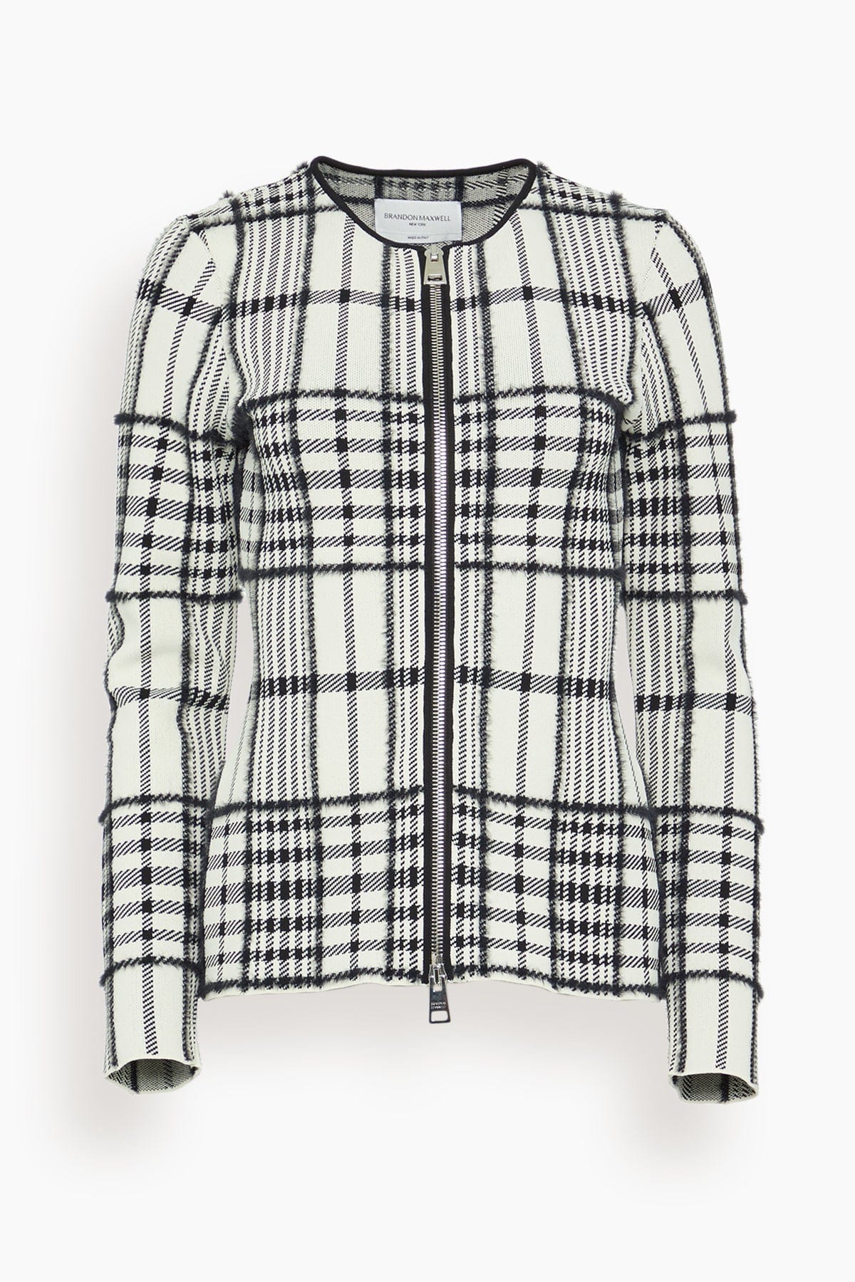 The Greer Zip Front Knit Cardigan in Ivory Plaid