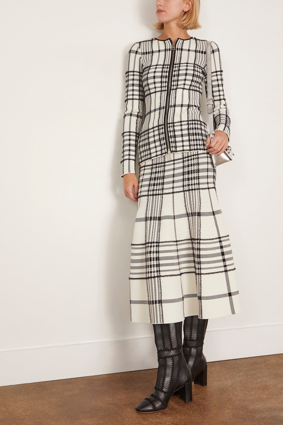 The Greer Zip Front Knit Cardigan in Ivory Plaid - Image 2