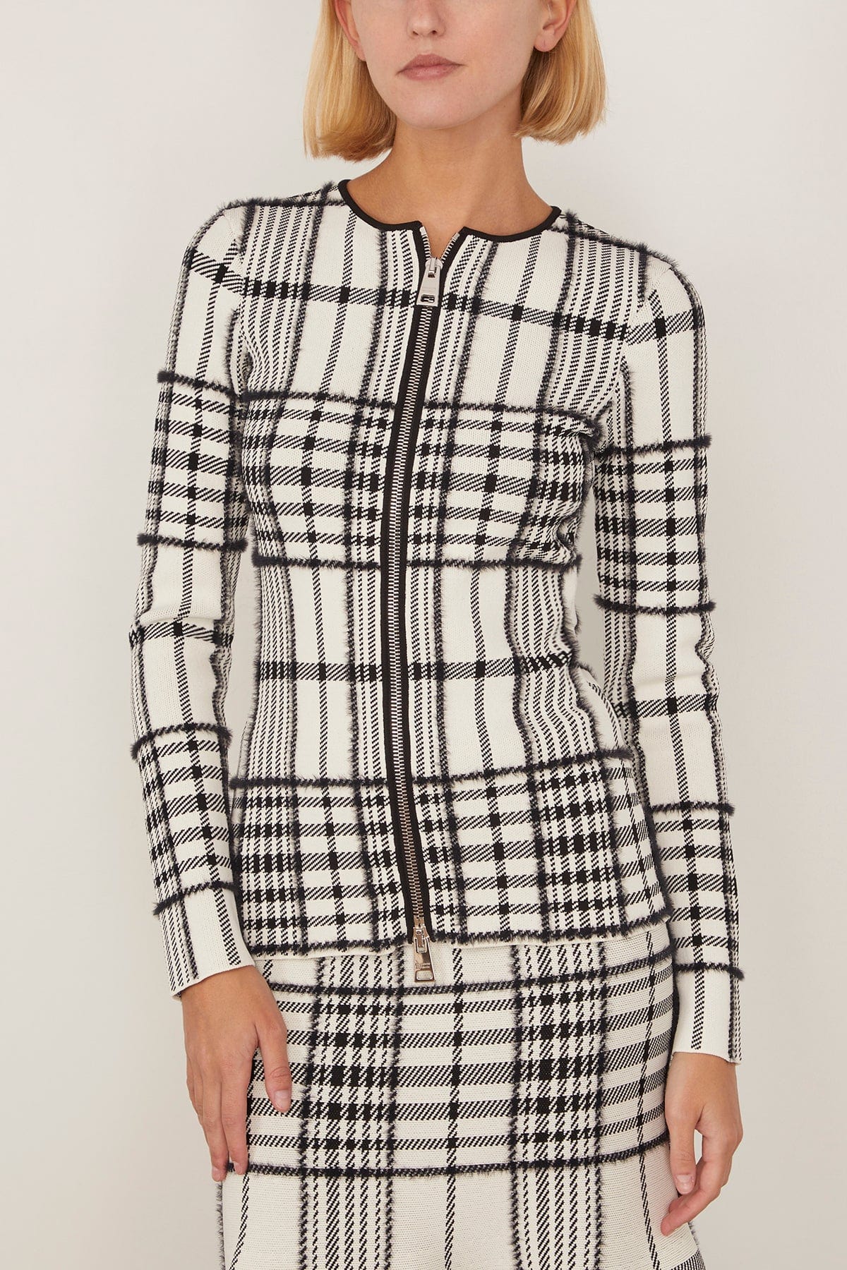 The Greer Zip Front Knit Cardigan in Ivory Plaid - Image 3