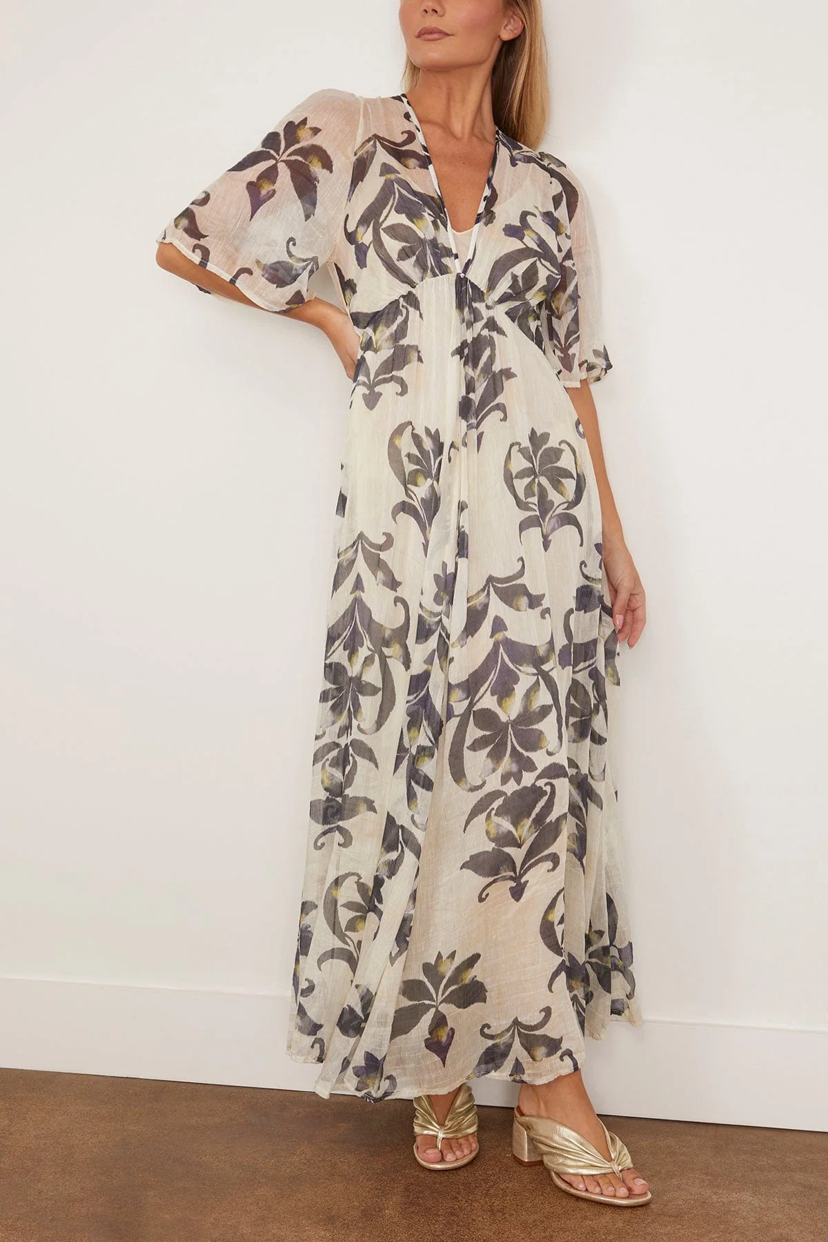 The Secret Lily Print Linen Silk Gauze Dress in Orchidea - Image 3