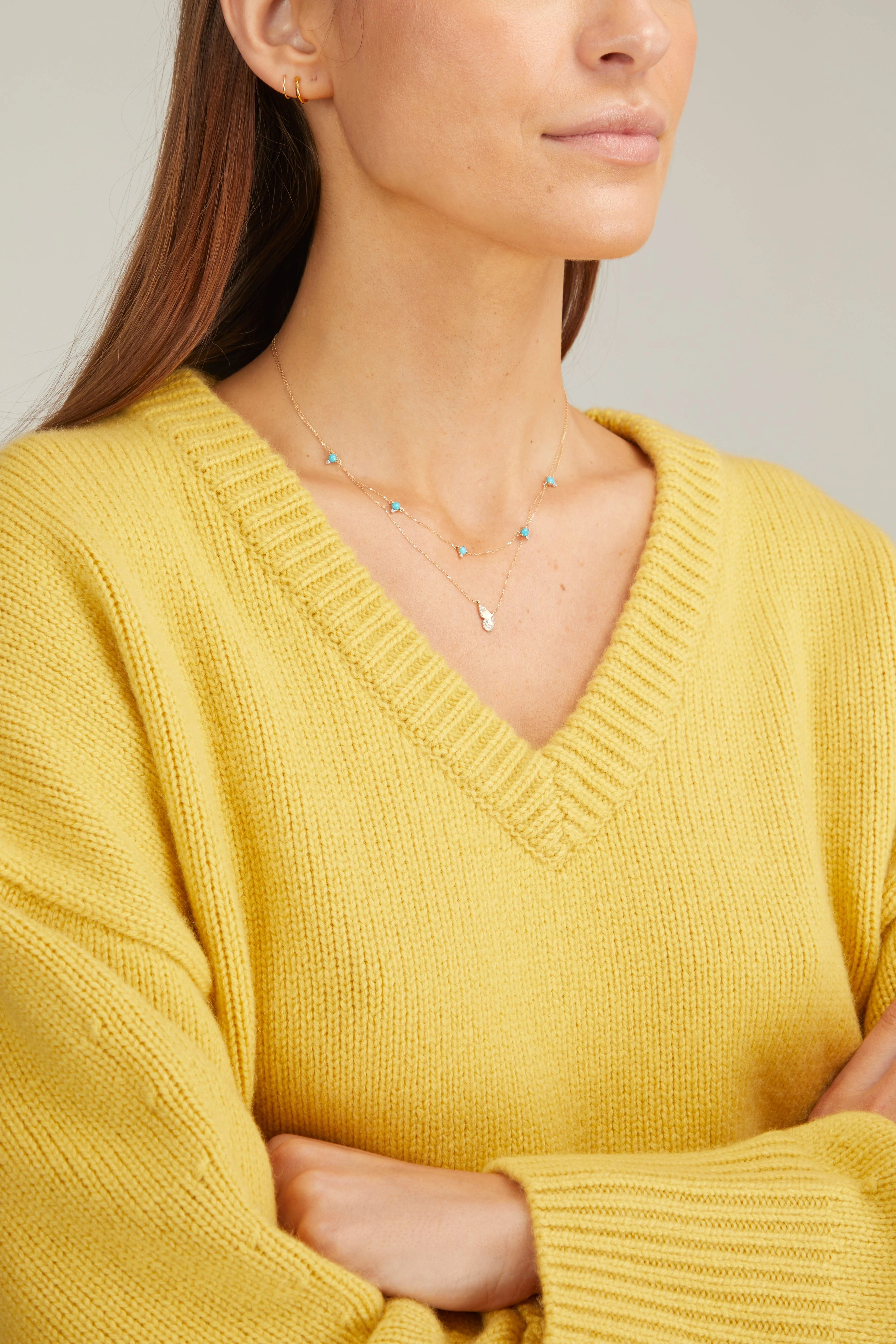 Turquoise and Round Diamond Chain Necklace in 14k Yellow Gold - Image 2