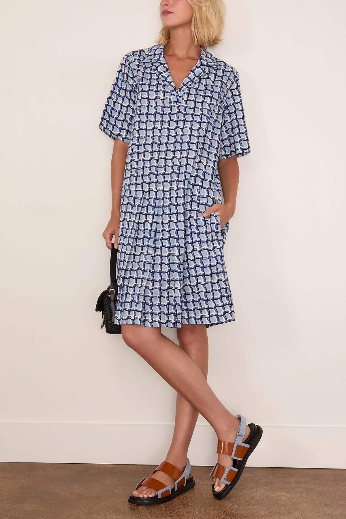 Twisted Check Organic Cotton Poplin Dress in Light Blue - Image 2