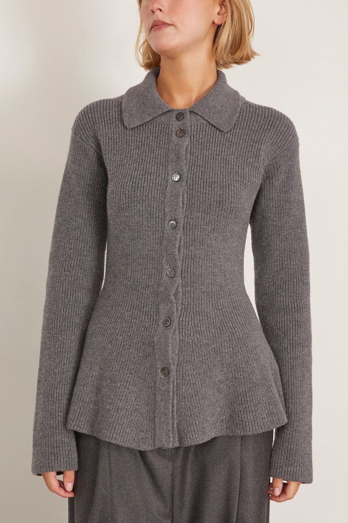 Waisted Rib Cardigan in Dark Grey Melange - Image 3
