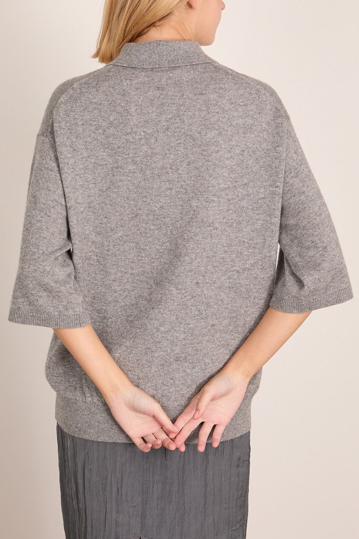 Washable Cashmere Oversized Polo in Heather Grey - Image 4