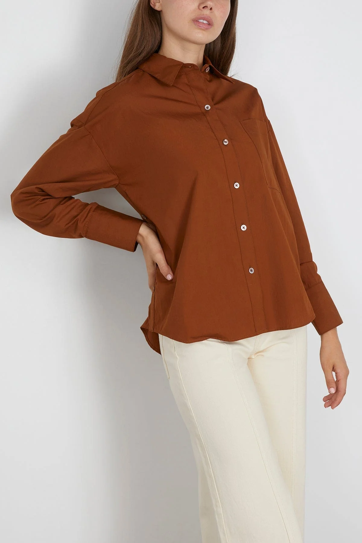 Watts Side Button Shirt in Cinnamon - Image 3