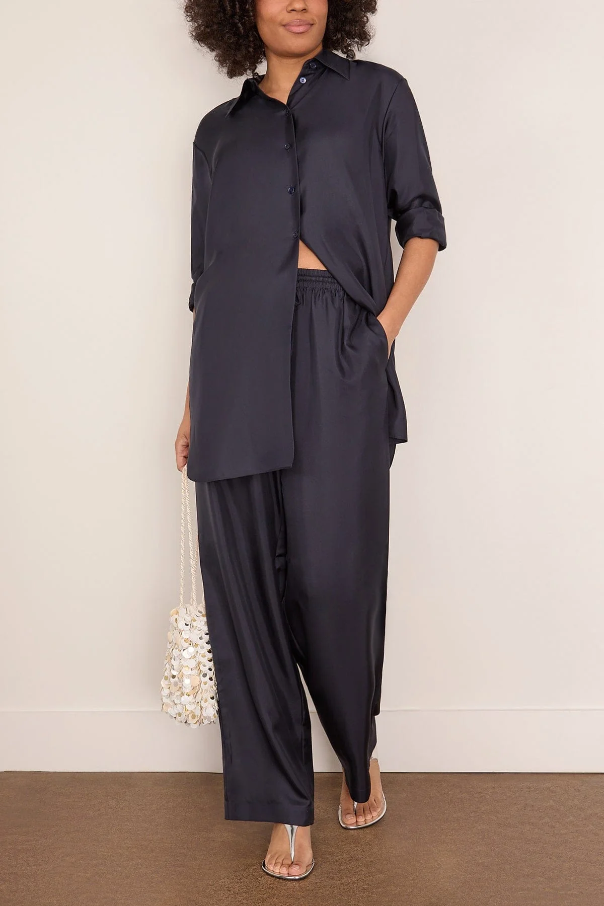 Wide Leg Silk Trousers in Night - Image 2