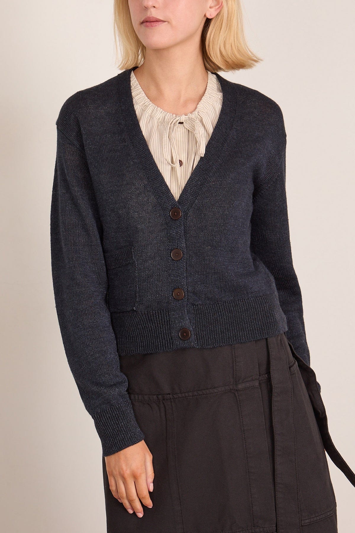 Wool Linen Patch Pocket Cardigan in Dark Navy - Image 3