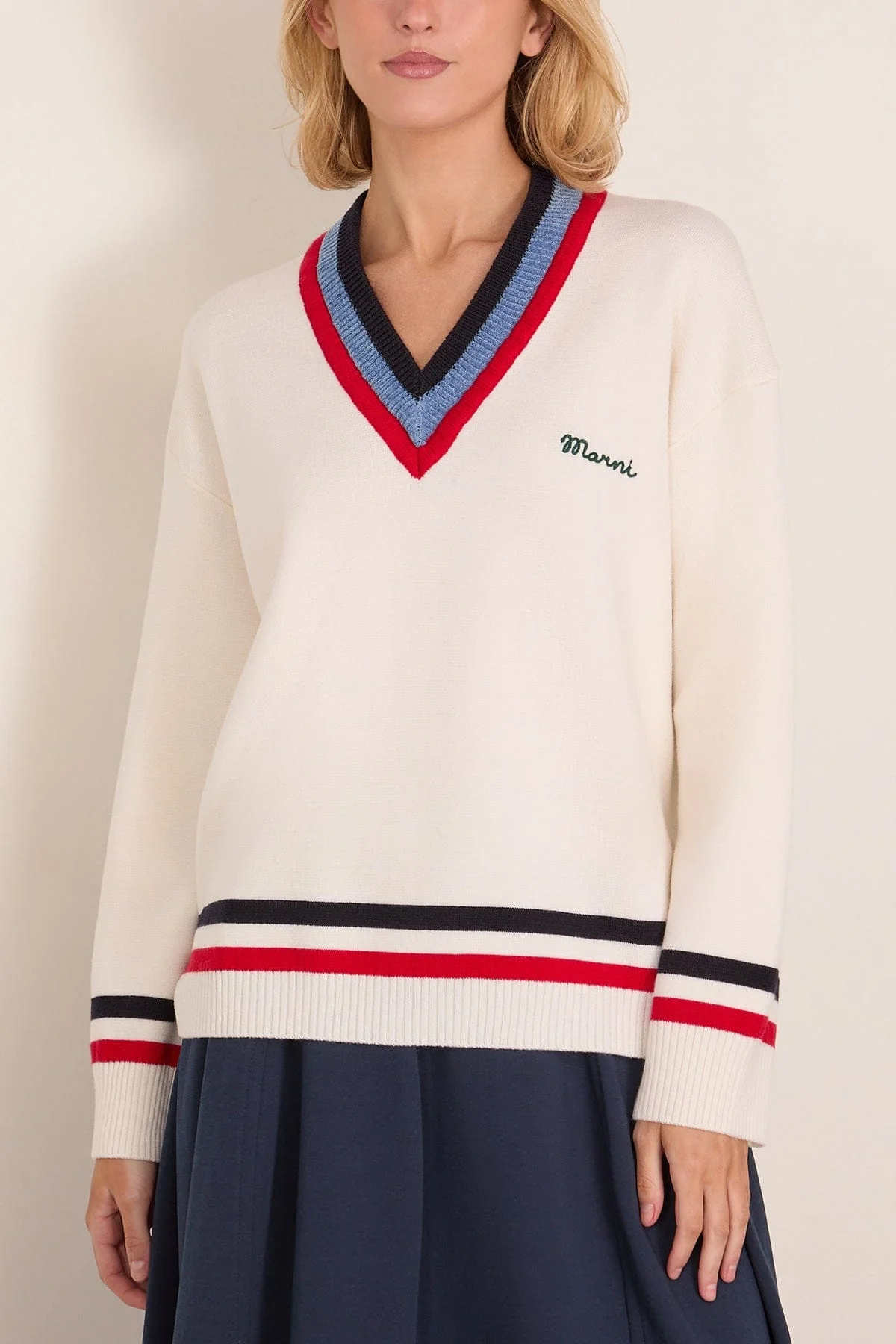 Wool V-Neck Sweater in Cream - Image 3